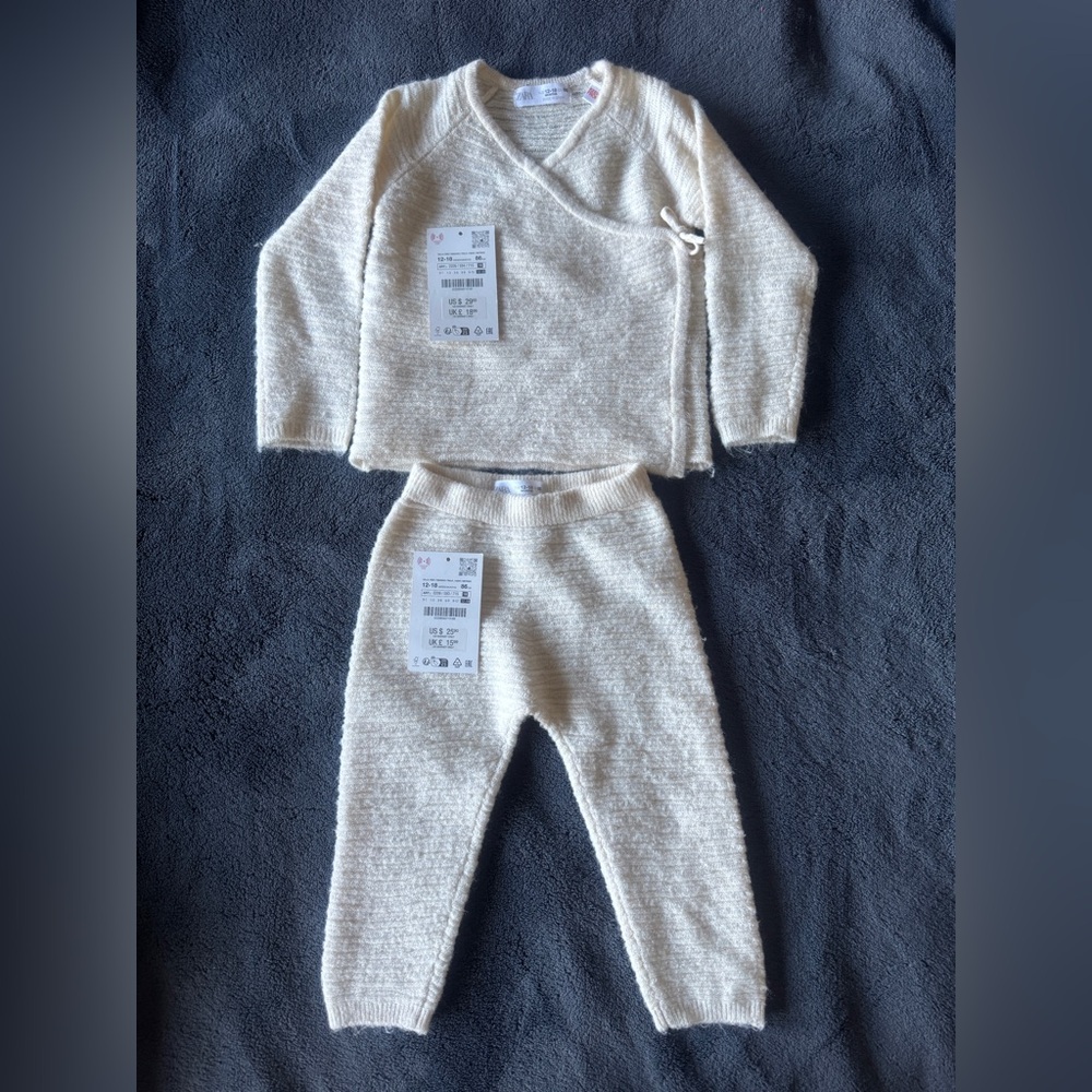 Zara Cream Wrap Knit Baby Sweater and Pants Size 12-18 Months 33.9”/68cm